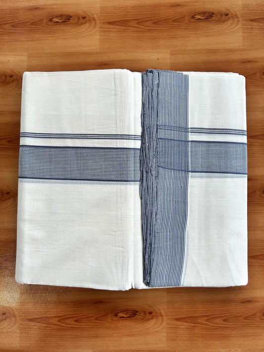 Double Off White (Unbleached) Mundu/Dhoti - 25% Discount! KaithariKada Handloom Unakkupaav - Kerala Handloom - Pure Cotton - 80x90 - 1.5 Inch Navy Blue Striped Kara 4 mtr (8.5 Muzham) - 14 KK5439 YAR