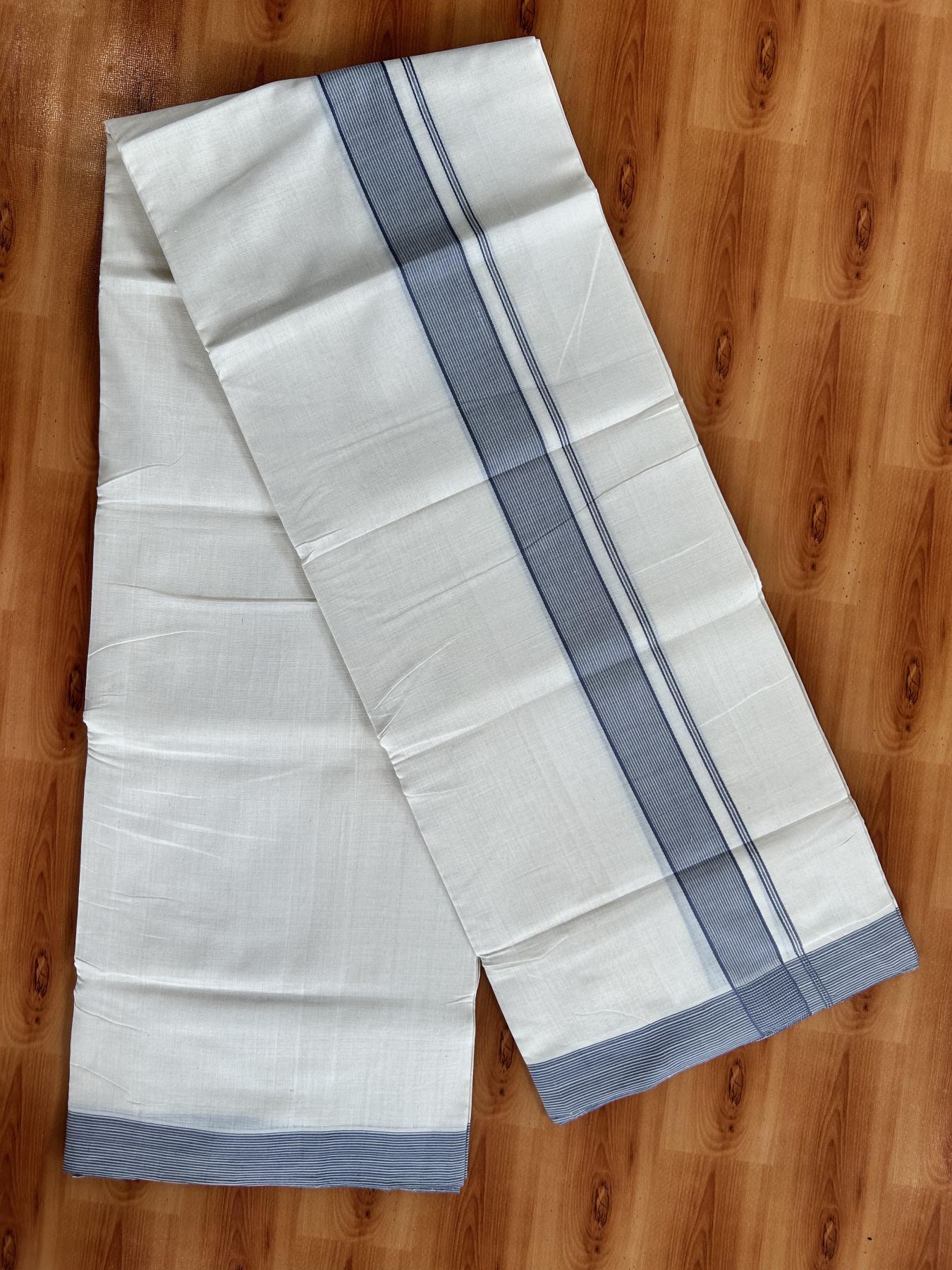 Double Off White (Unbleached) Mundu/Dhoti - 25% Discount! KaithariKada Handloom Unakkupaav - Kerala Handloom - Pure Cotton - 80x90 - 1.5 Inch Navy Blue Striped Kara 4 mtr (8.5 Muzham) - 14 KK5439 YAR