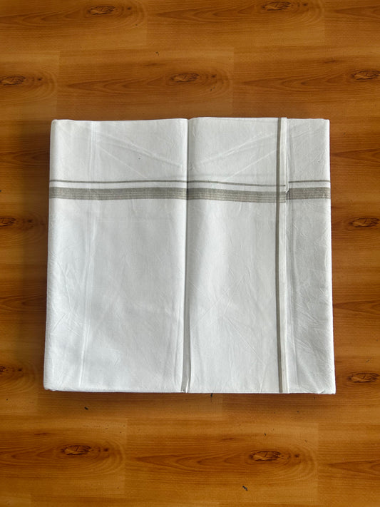 Single Mundu/Dhoti  - Pure White - KaithariKada Pulimood 100% Cotton - Twisted 60s Thread - 0.5 inch Ash Grey & Silver Kasav Kara (2 meter / 4 muzham) - 5 KK5556 GL