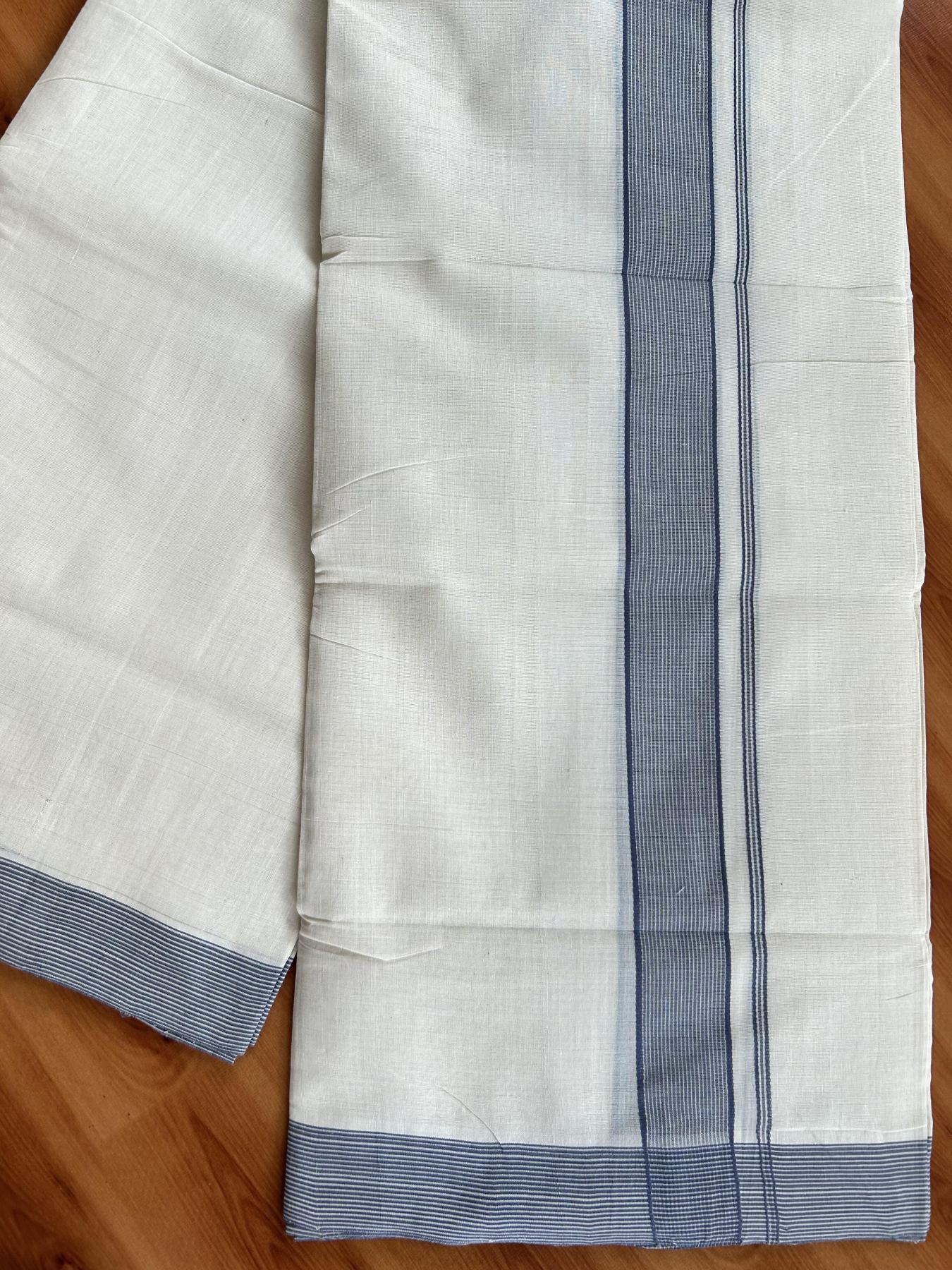 Double Off White (Unbleached) Mundu/Dhoti - 25% Discount! KaithariKada Handloom Unakkupaav - Kerala Handloom - Pure Cotton - 80x90 - 1.5 Inch Navy Blue Striped Kara 4 mtr (8.5 Muzham) - 14 KK5439 YAR