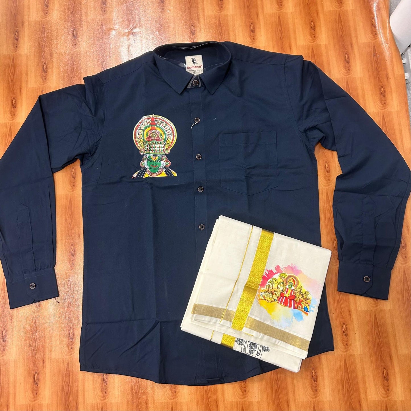 Combo Shirt Mund Mixed cotton - Full Sleeve - KaithariKada - 1 inch Gold Kasav Kara & Kathakali Printed Navy Blue Shirt - 7 KK7052 KUT