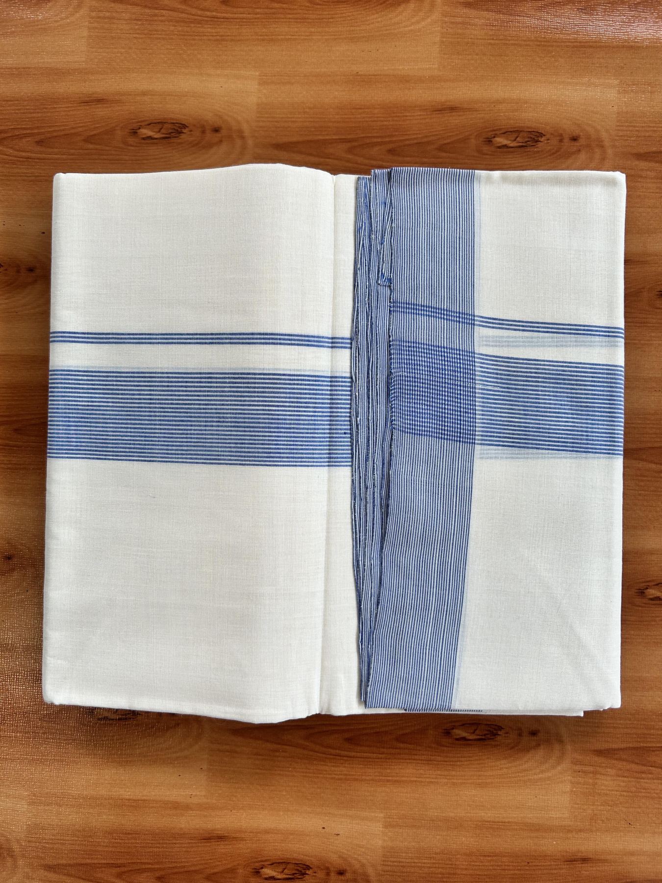 Double Off White (Unbleached) Mundu/Dhoti - 25% Discount! KaithariKada Handloom Unakkupaav - Kerala Handloom - Pure Cotton - 80x90 - 1.5 Inch Blue Striped Kara 4 mtr (8.5 Muzham) - 13 KK5439 YAR