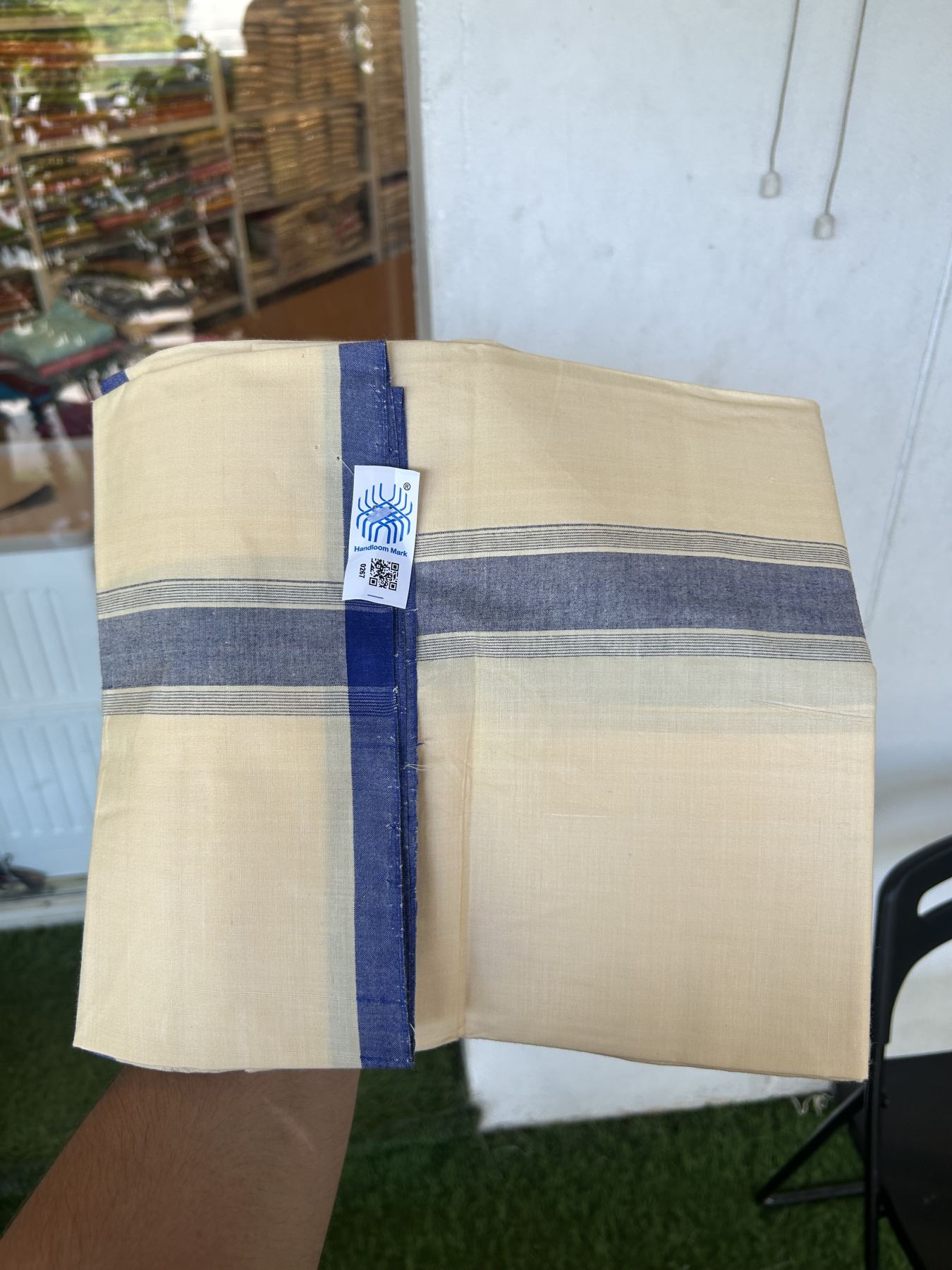 Kannur Kavi Dhoti - KaithariKada Kerala Handloom Single Mundu/Dhoti - 100% Pure Cotton 2/80x2/80s Thread - Kannur Light Yellow colour Body 2 inch Blue Striped Kara - 6KK5333 KAL