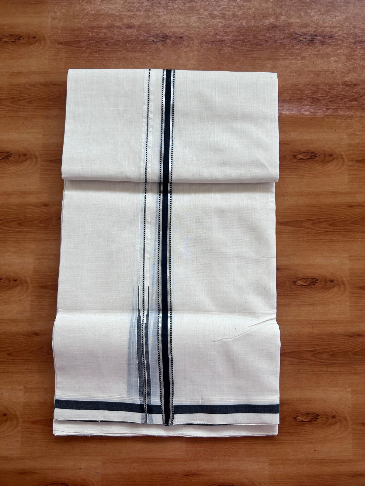 25% Discount! KaithariKada Handloom Unakkupaav Kerala Handloom - 100% Pure Cotton Off White (Unbleached) Double Mundu/Dhoti - 100x90 - 0.5 inch Puliyilakkara Silver Kasav & Black chutty Kara  3.80 Mtr (8 Muzham) - 47 KK5496 YAR