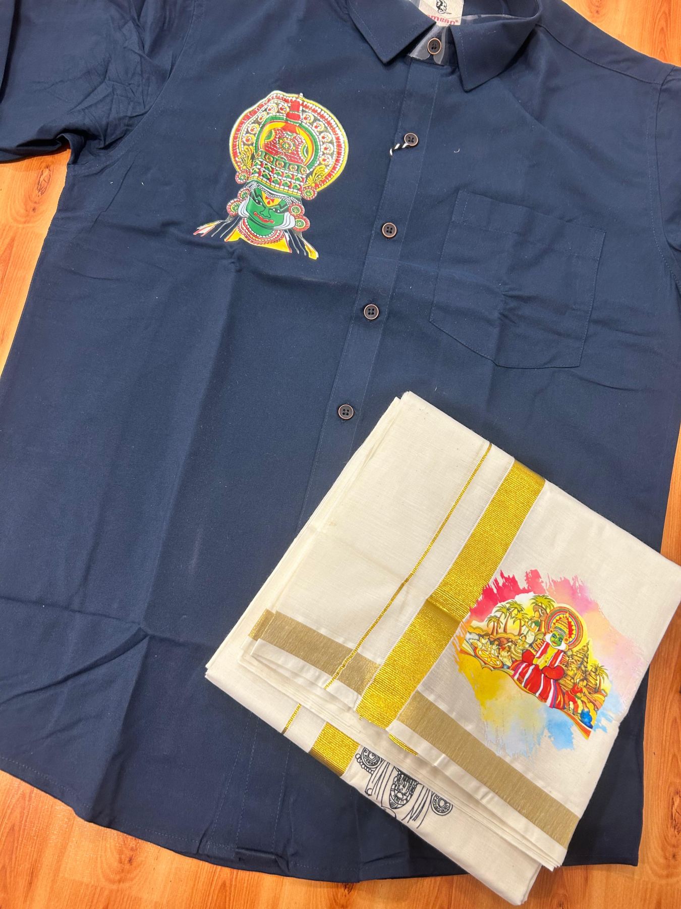 Combo Shirt Mund Mixed cotton - Full Sleeve - KaithariKada - 1 inch Gold Kasav Kara & Kathakali Printed Navy Blue Shirt - 7 KK7052 KUT