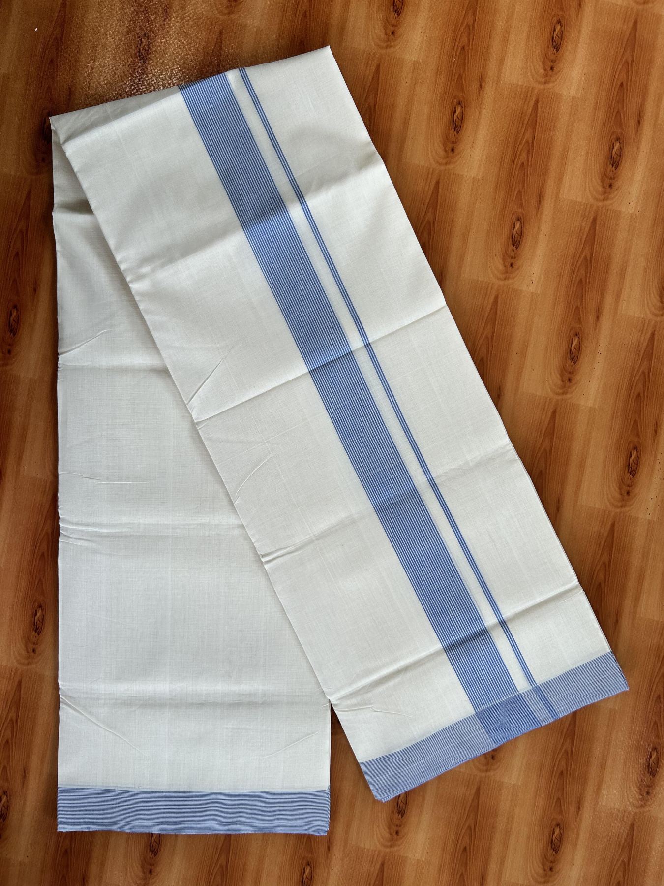 Double Off White (Unbleached) Mundu/Dhoti - 25% Discount! KaithariKada Handloom Unakkupaav - Kerala Handloom - Pure Cotton - 80x90 - 1.5 Inch Blue Striped Kara 4 mtr (8.5 Muzham) - 13 KK5439 YAR