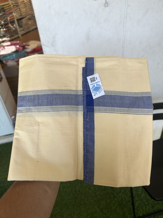 Kannur Kavi Dhoti - KaithariKada Balaramapuram Handloom Single Mundu/Dhoti - 100% Pure Cotton 2/80x2/80s Thread - Kannur Light Yellow colour Body 1.75 inch Blue Striped Kara - 7 KK5333 KAL