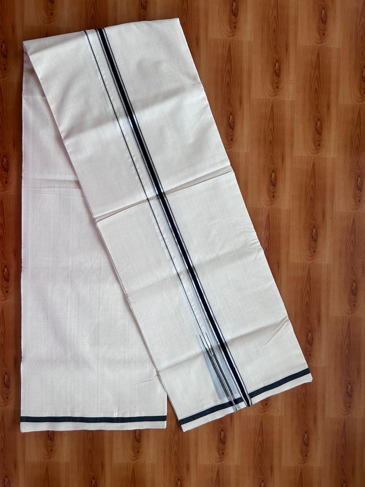 25% Discount! KaithariKada Handloom Unakkupaav Kerala Handloom - 100% Pure Cotton Off White (Unbleached) Double Mundu/Dhoti - 100x90 - 0.5 inch Puliyilakkara Silver Kasav & Black chutty Kara  3.80 Mtr (8 Muzham) - 47 KK5496 YAR