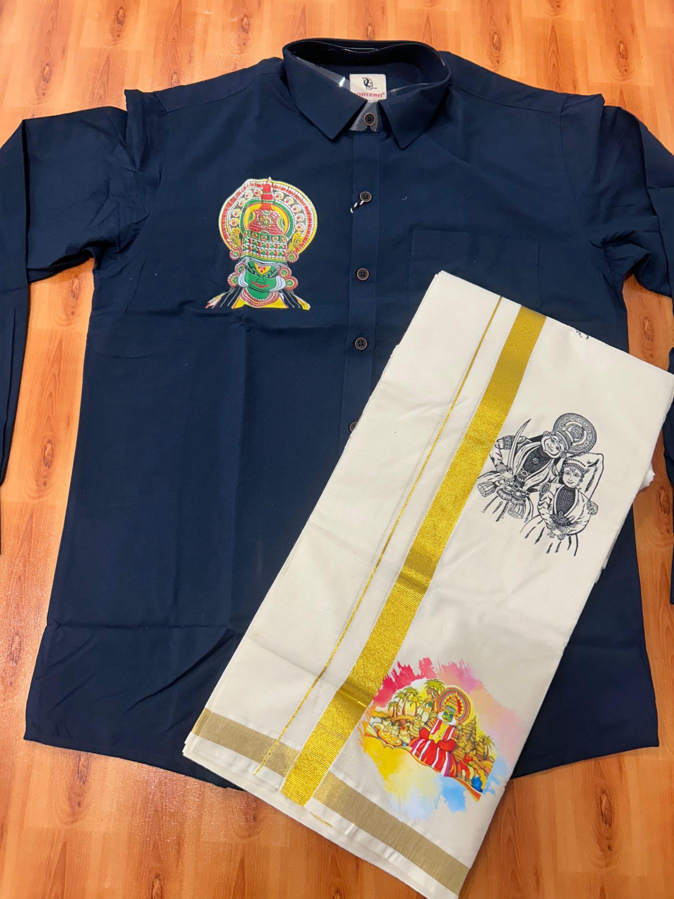 Combo Shirt Mund Mixed cotton - Full Sleeve - KaithariKada - 1 inch Gold Kasav Kara & Kathakali Printed Navy Blue Shirt - 7 KK7052 KUT