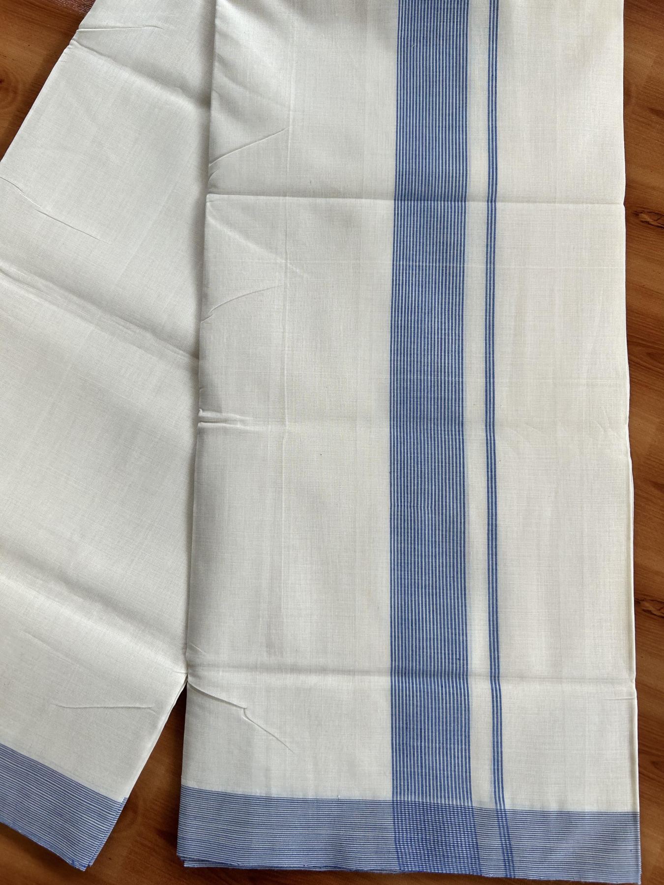 Double Off White (Unbleached) Mundu/Dhoti - 25% Discount! KaithariKada Handloom Unakkupaav - Kerala Handloom - Pure Cotton - 80x90 - 1.5 Inch Blue Striped Kara 4 mtr (8.5 Muzham) - 13 KK5439 YAR