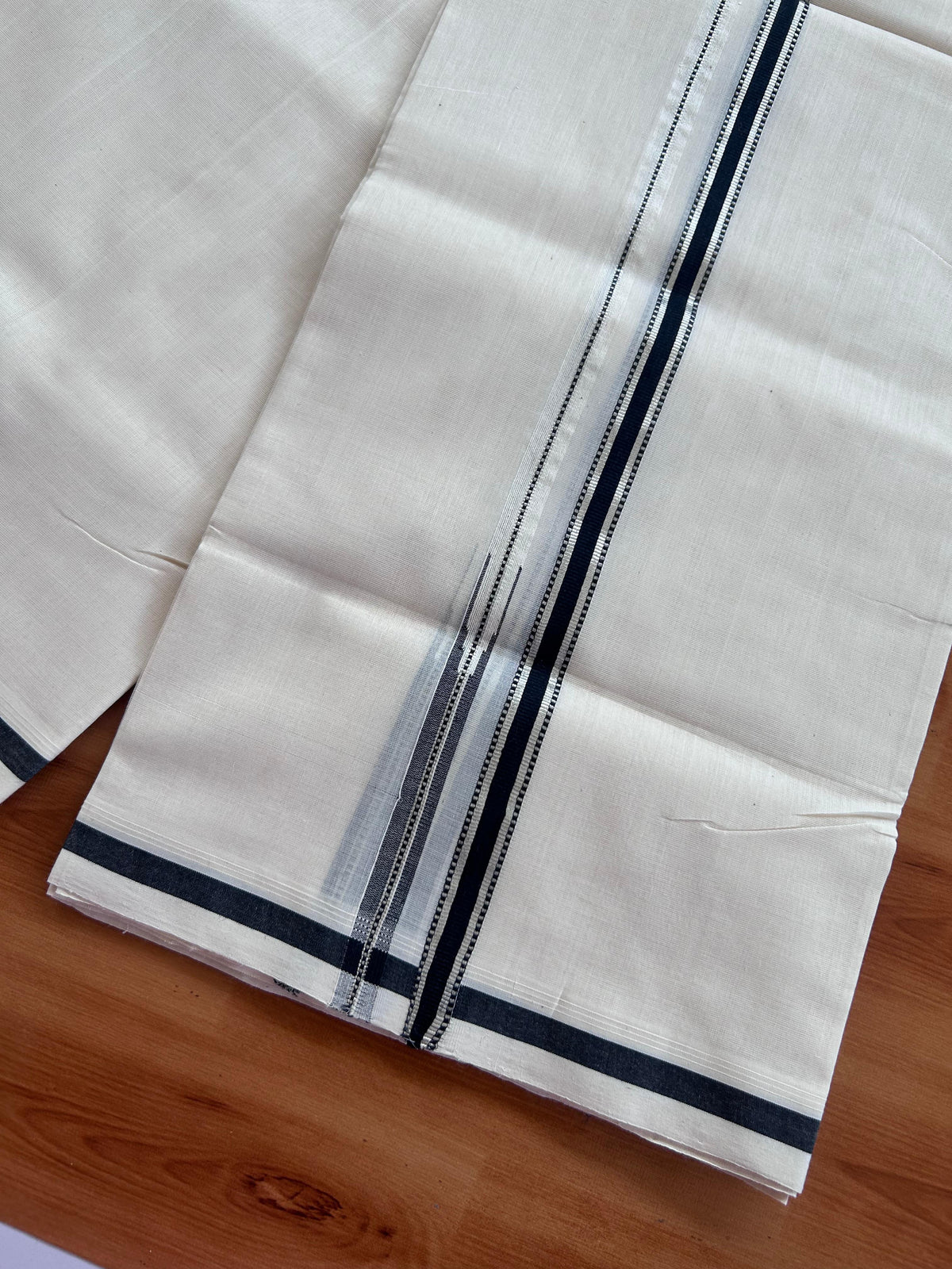 25% Discount! KaithariKada Handloom Unakkupaav Kerala Handloom - 100% Pure Cotton Off White (Unbleached) Double Mundu/Dhoti - 100x90 - 0.5 inch Puliyilakkara Silver Kasav & Black chutty Kara  3.80 Mtr (8 Muzham) - 47 KK5496 YAR