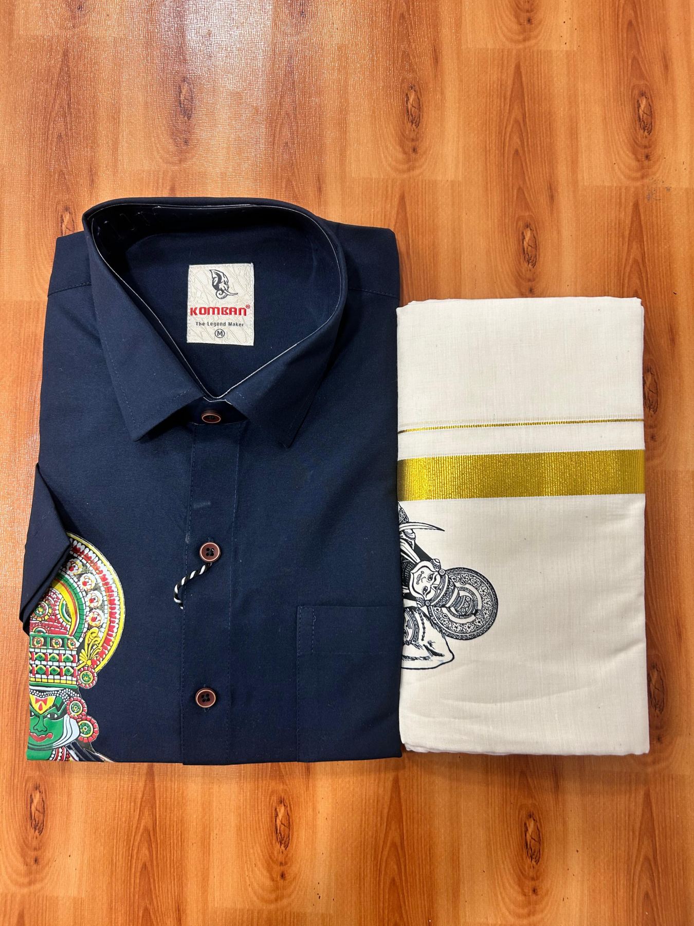 Combo Shirt Mund Mixed cotton - Half Sleeve - KaithariKada - 1 inch Gold Kasav Kara & Kathakali Printed Navy Blue Shirt - 10 KK7052 KUT