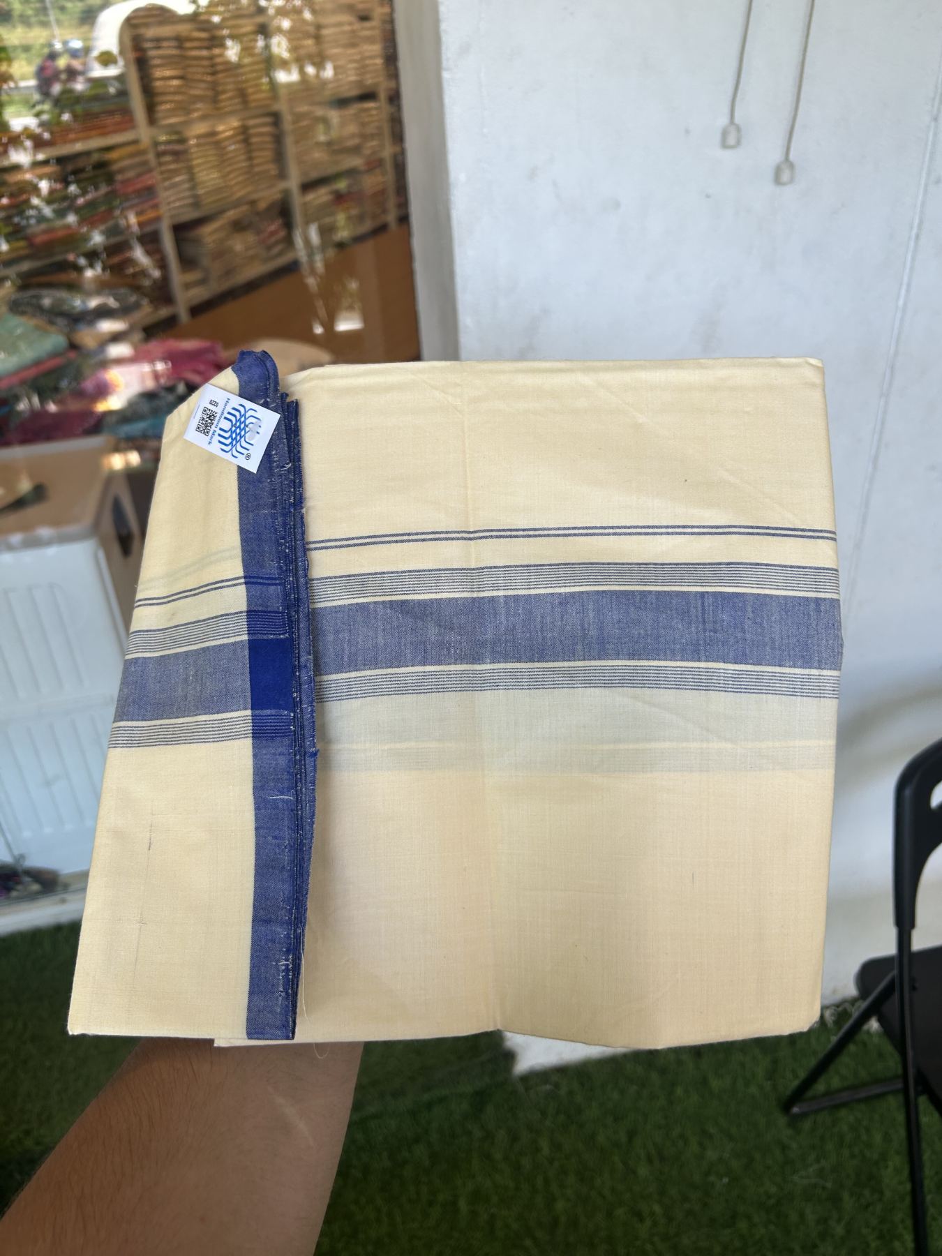 Kannur Kavi Dhoti - KaithariKada Kerala Handloom Single Mundu/Dhoti - 100% Pure Cotton 2/80x2/80s Thread - Kannur Light Yellow colour Body 2 inch Blue Striped Kara - 9 KK5333 KAL