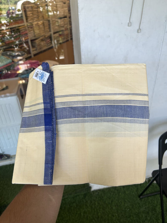 Kannur Kavi Dhoti - KaithariKada Balaramapuram Handloom Single Mundu/Dhoti - 100% Pure Cotton 2/80x2/80s Thread - Kannur Light Yellow colour Body 2 inch Blue Striped Kara - 9 KK5333 KAL