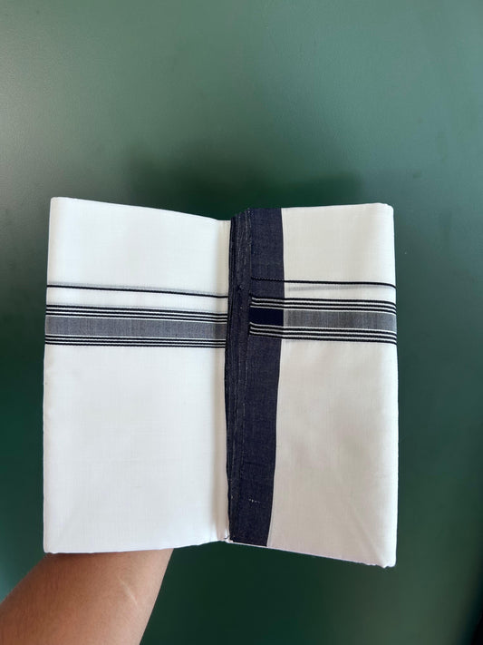 25% Discount!! New Ultra Pure White Thread Handloom - Kerala Handloom - 100% Mercerised Cotton Double Mundu/Dhoti - 120 twisted warp x 100s weft - 1 Inch Navy Blue Striped kara 4 mtr (8.5 Muzham) - 2 KK5502 REA