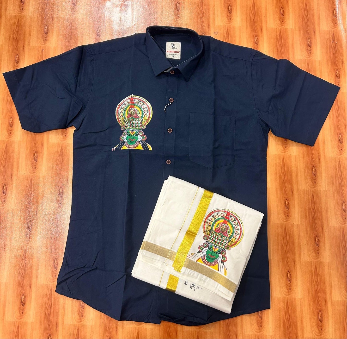 Combo Shirt Mund Mixed cotton - Half Sleeve - KaithariKada - 1 inch Gold Kasav Kara & Kathakali Printed Navy Blue Shirt - 10 KK7052 KUT