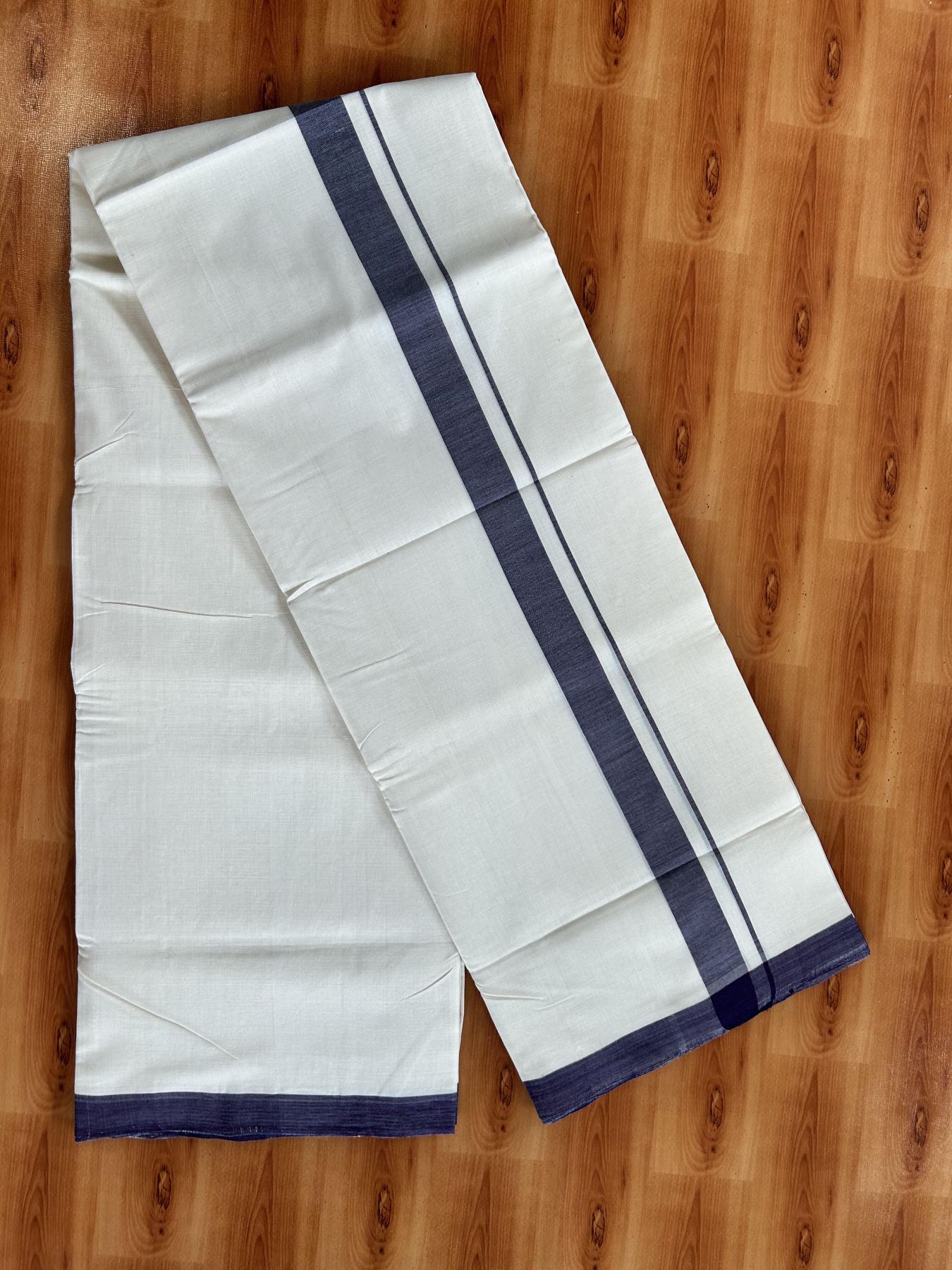 Double Off White (Unbleached) Mundu/Dhoti - 25% Discount! KaithariKada Handloom Unakkupaav - Kerala Handloom - Pure Cotton - 80x90 - 1.25 Inch Navy Blue & Maroon Kara 4 mtr (8.5 Muzham) - 24 KK5439 YAR