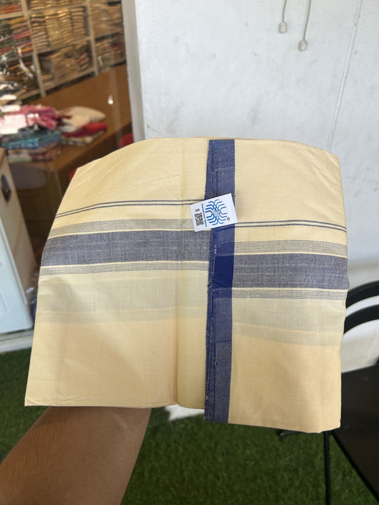Kannur Kavi Dhoti - KaithariKada Balaramapuram Handloom Single Mundu/Dhoti - 100% Pure Cotton 2/80x2/80s Thread - Kannur Light Yellow colour Body 2 inch Blue Striped Kara - 10 KK5333 KAL