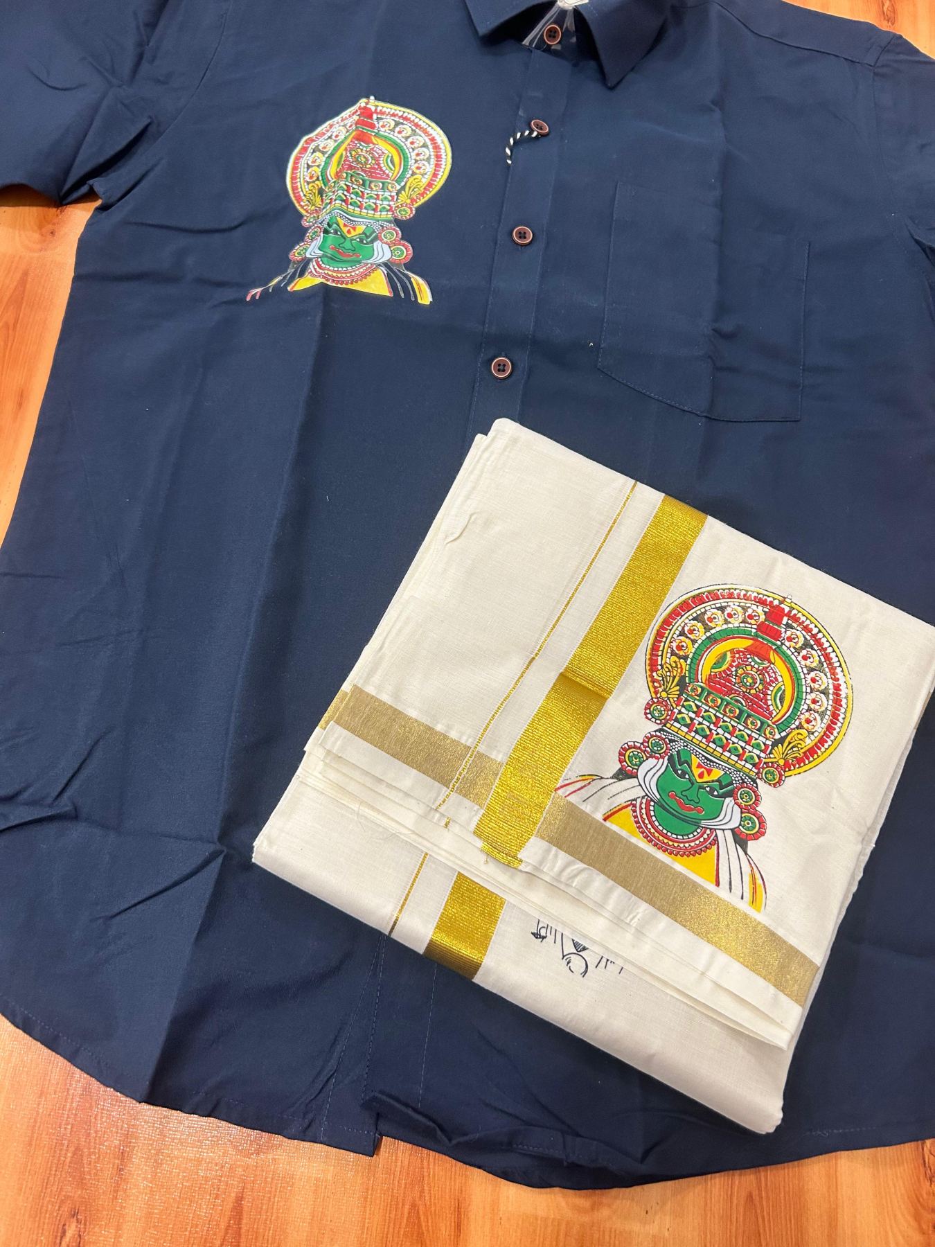 Combo Shirt Mund Mixed cotton - Half Sleeve - KaithariKada - 1 inch Gold Kasav Kara & Kathakali Printed Navy Blue Shirt - 10 KK7052 KUT