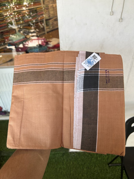 Kerala Handloom - Signature Kaitharikada - Government Sealed Hallmarked - 100% Pure Cotton 2/60x40s Thread - Single Mundu / Dhoti - 1.5 inch Black Shaded Striped Kara with Kavi colour Body - 4 KK5333 KAL