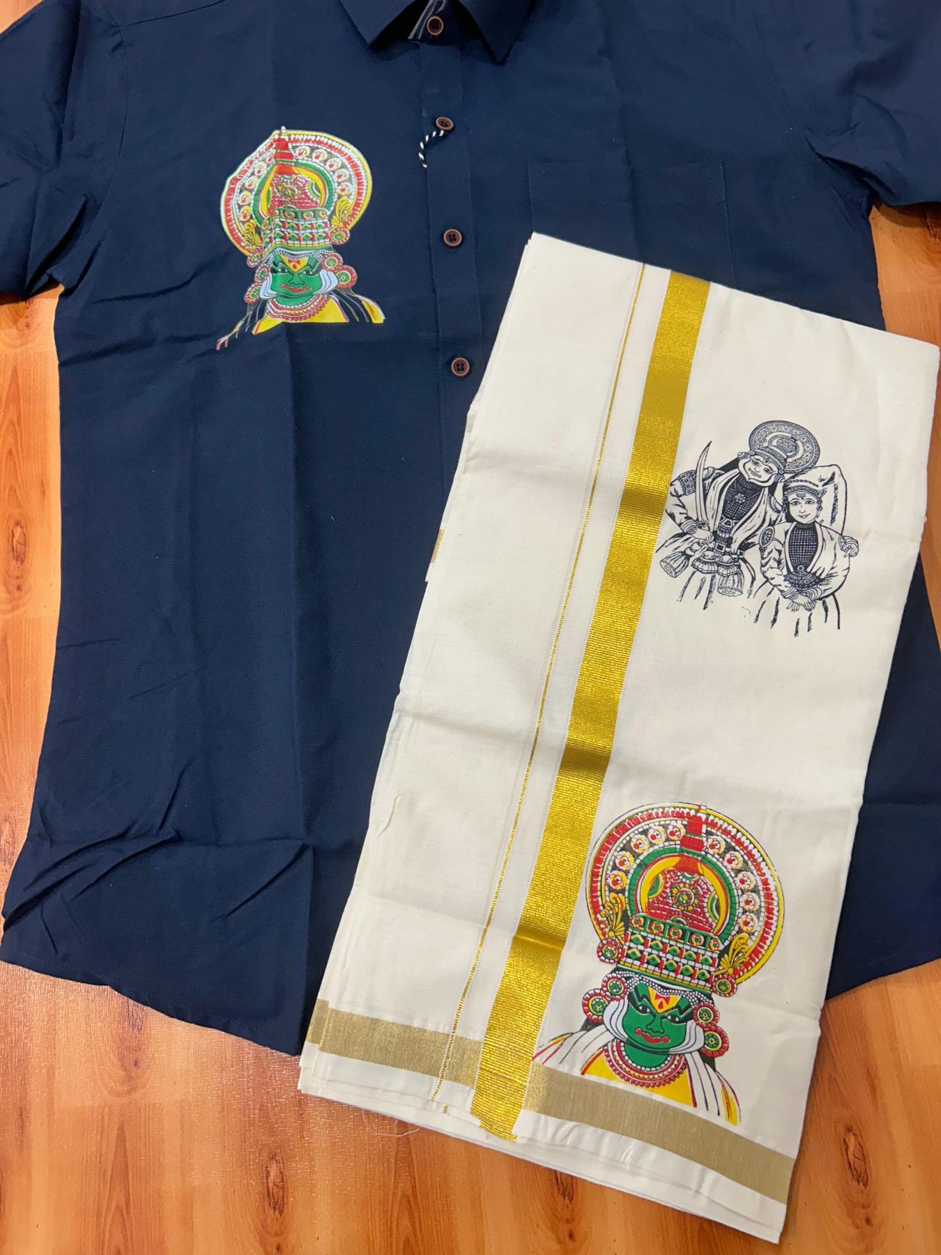 Combo Shirt Mund Mixed cotton - Half Sleeve - KaithariKada - 1 inch Gold Kasav Kara & Kathakali Printed Navy Blue Shirt - 10 KK7052 KUT