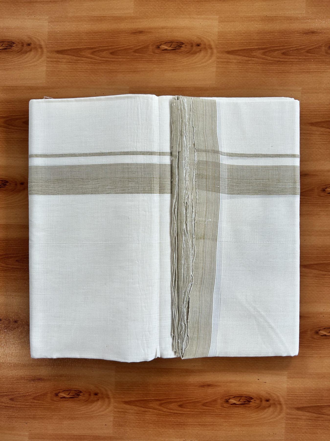 Double Off White (Unbleached) Mundu/Dhoti - 25% Discount! KaithariKada Handloom Unakkupaav - Kerala Handloom - Pure Cotton - 80x90 - 1.25 Inch Sand Brown Shaded Striped Kara 4 mtr (8.5 Muzham) - 18 KK5439 YAR