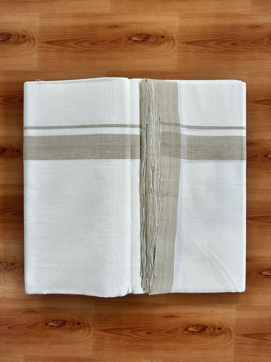Double Off White (Unbleached) Mundu/Dhoti - 25% Discount! KaithariKada Handloom Unakkupaav - Kerala Handloom - Pure Cotton - 80x90 - 1.25 Inch Sand Brown Shaded Striped Kara 4 mtr (8.5 Muzham) - 18 KK5439 YAR