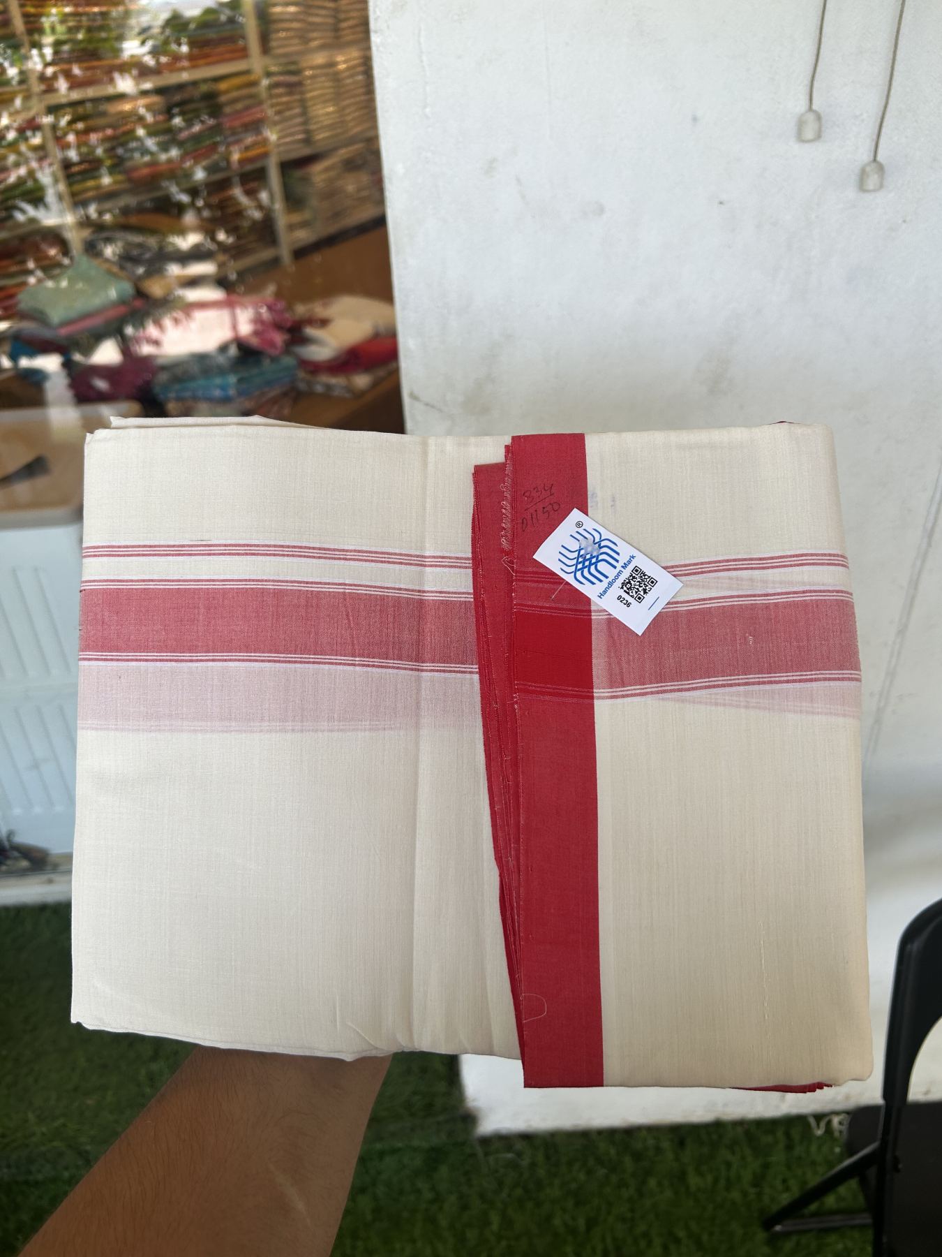 Kerala Handloom - Signature Kaitharikada - Government Sealed Hallmarked-100% Pure Cotton! (2/120X2/160) Twisted Thread- Off White Double Mundu/Dhoti - 1.25 inch Red Shaded Striped Kara 4 mtr (8.5 muzham) - 3 KK5333 KAL