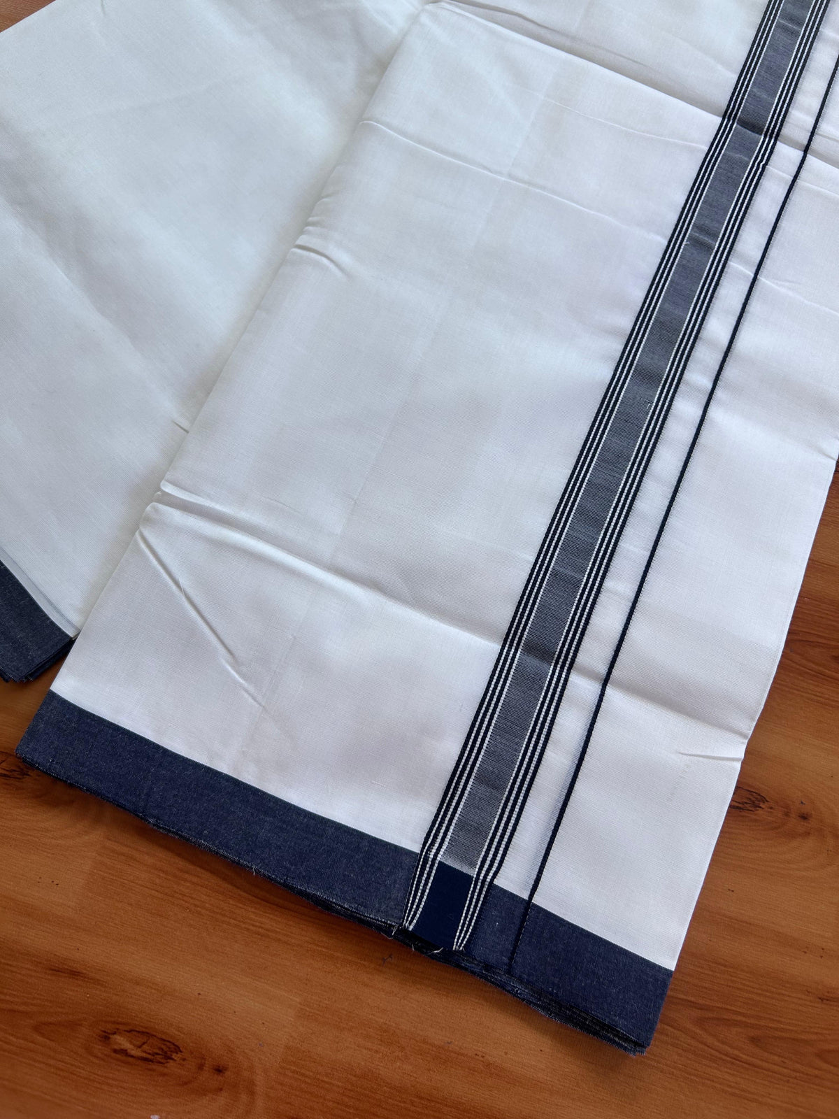 25% Discount!! New Ultra Pure White Thread Handloom - Kerala Handloom - 100% Mercerised Cotton Double Mundu/Dhoti - 120 twisted warp x 100s weft - 1 Inch Navy Blue Striped kara 4 mtr (8.5 Muzham) - 2 KK5502 REA