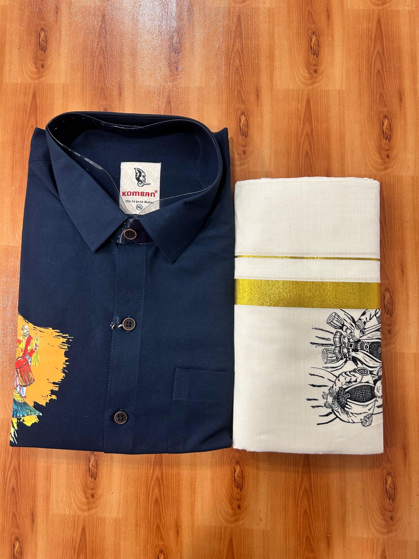 Combo Shirt Mund Mixed cotton - Full Sleeve - KaithariKada - 1 inch Gold Kasav Kara & Kathakali Printed Navy Blue Shirt - 4 KK7052 KUT