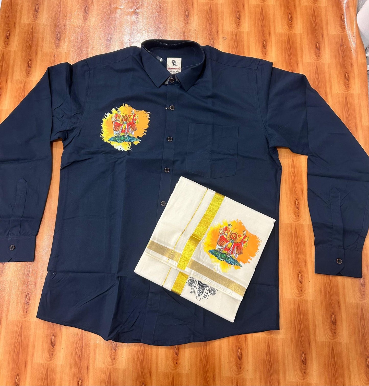 Combo Shirt Mund Mixed cotton - Full Sleeve - KaithariKada - 1 inch Gold Kasav Kara & Kathakali Printed Navy Blue Shirt - 4 KK7052 KUT