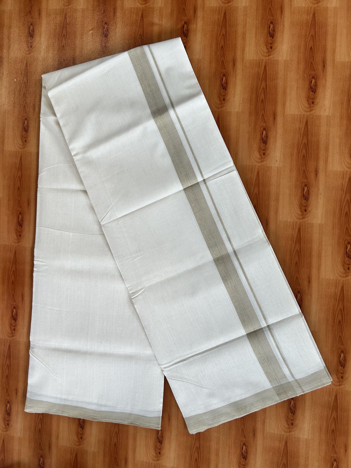 Double Off White (Unbleached) Mundu/Dhoti - 25% Discount! KaithariKada Handloom Unakkupaav - Kerala Handloom - Pure Cotton - 80x90 - 1.25 Inch Sand Brown Shaded Striped Kara 4 mtr (8.5 Muzham) - 18 KK5439 YAR
