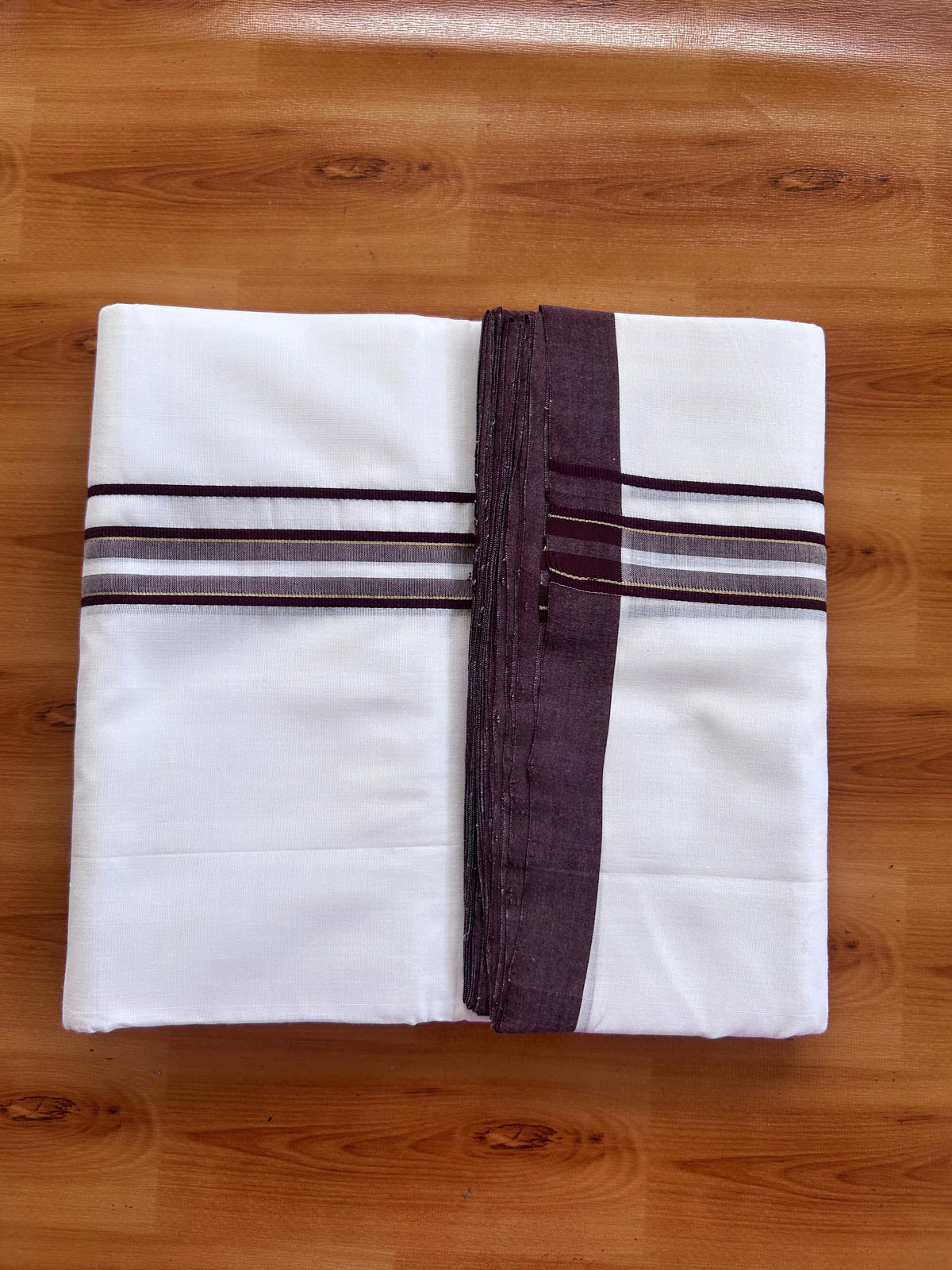 25% Discount!! New Ultra Pure White Thread Handloom - Kerala Handloom - 100% Mercerised Cotton Double Mundu/Dhoti - 120 twisted warp x 100s weft - 1 Inch Sand Brown & Dark Wine Purple Design kara 4 mtr (8.5 Muzham) - 3 KK5502 REA