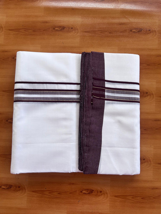 25% Discount!! New Ultra Pure White Thread Handloom - Kerala Handloom - 100% Mercerised Cotton Double Mundu/Dhoti - 120 twisted warp x 100s weft - 1 Inch Sand Brown & Dark Wine Purple Design kara 4 mtr (8.5 Muzham) - 3 KK5502 REA