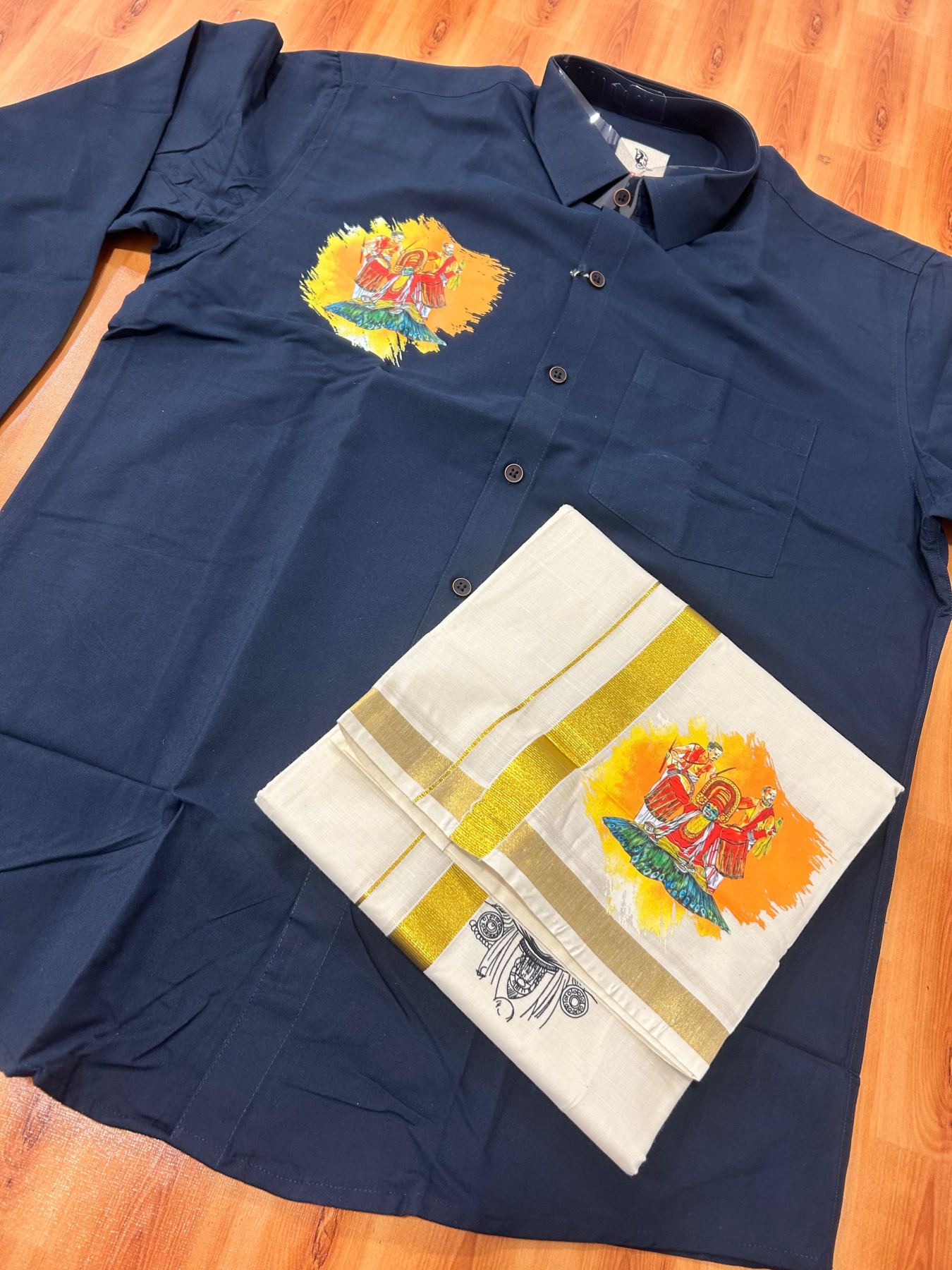 Combo Shirt Mund Mixed cotton - Full Sleeve - KaithariKada - 1 inch Gold Kasav Kara & Kathakali Printed Navy Blue Shirt - 4 KK7052 KUT