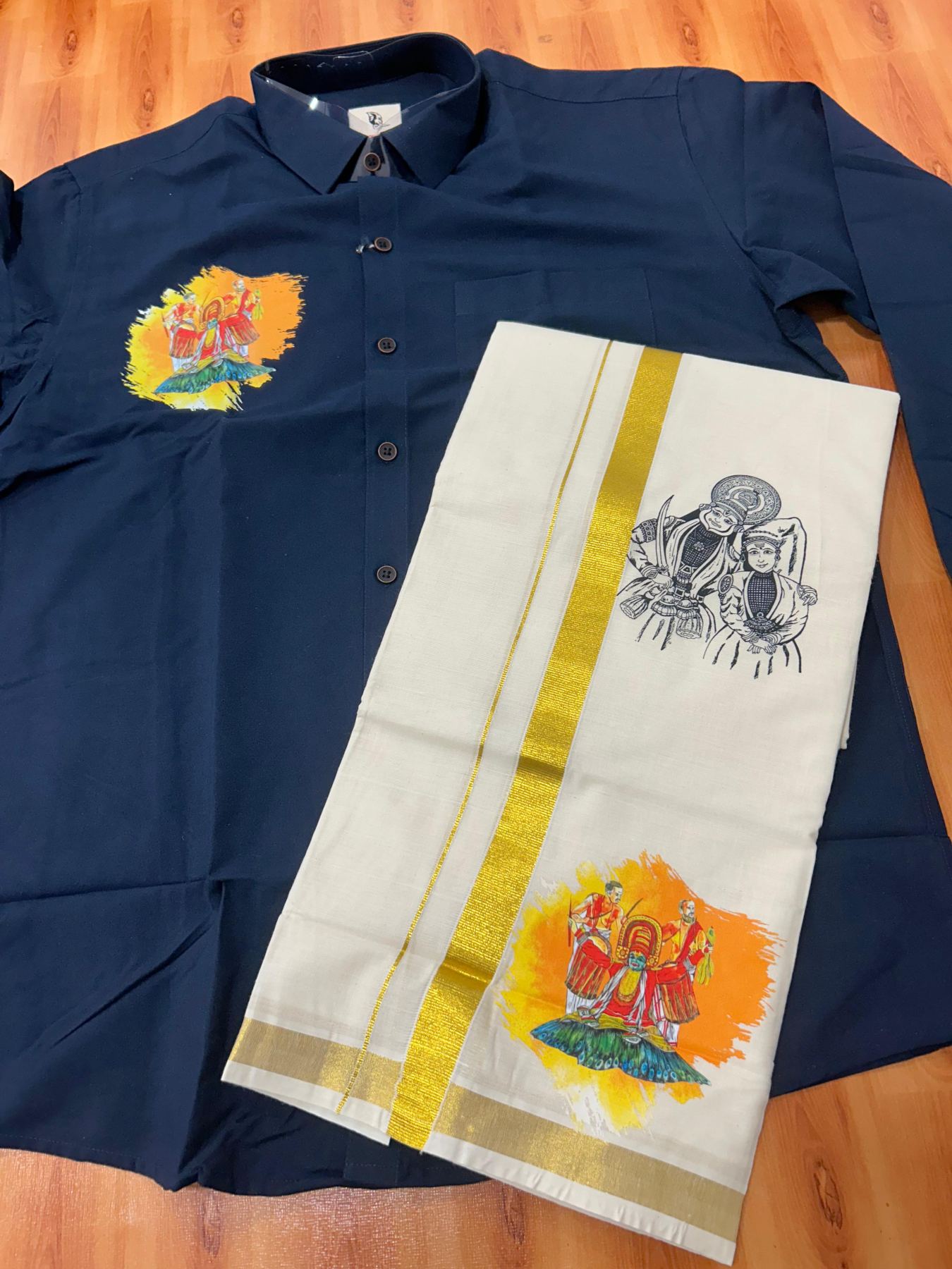 Combo Shirt Mund Mixed cotton - Full Sleeve - KaithariKada - 1 inch Gold Kasav Kara & Kathakali Printed Navy Blue Shirt - 4 KK7052 KUT
