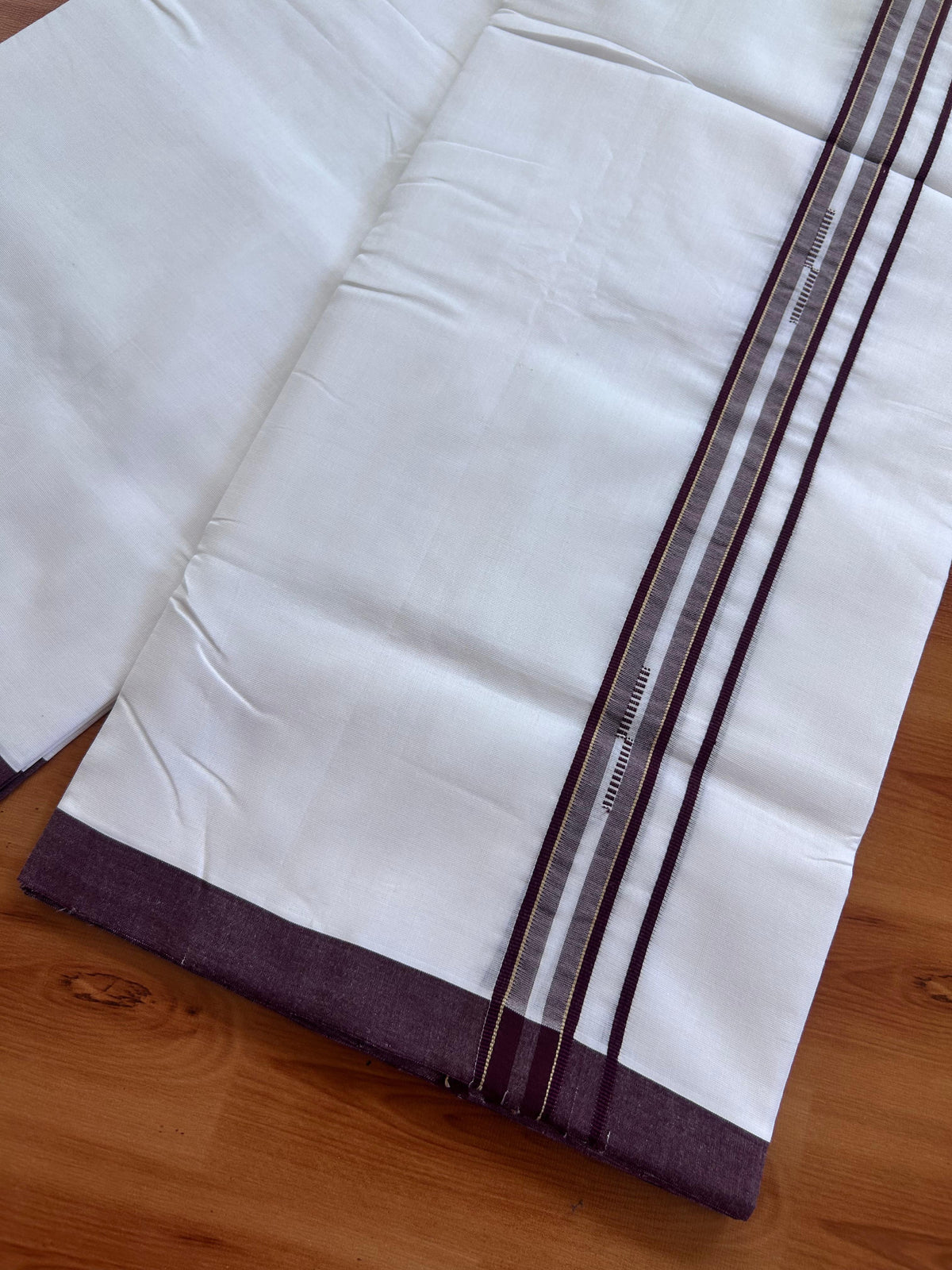 25% Discount!! New Ultra Pure White Thread Handloom - Kerala Handloom - 100% Mercerised Cotton Double Mundu/Dhoti - 120 twisted warp x 100s weft - 1 Inch Sand Brown & Dark Wine Purple Design kara 4 mtr (8.5 Muzham) - 3 KK5502 REA