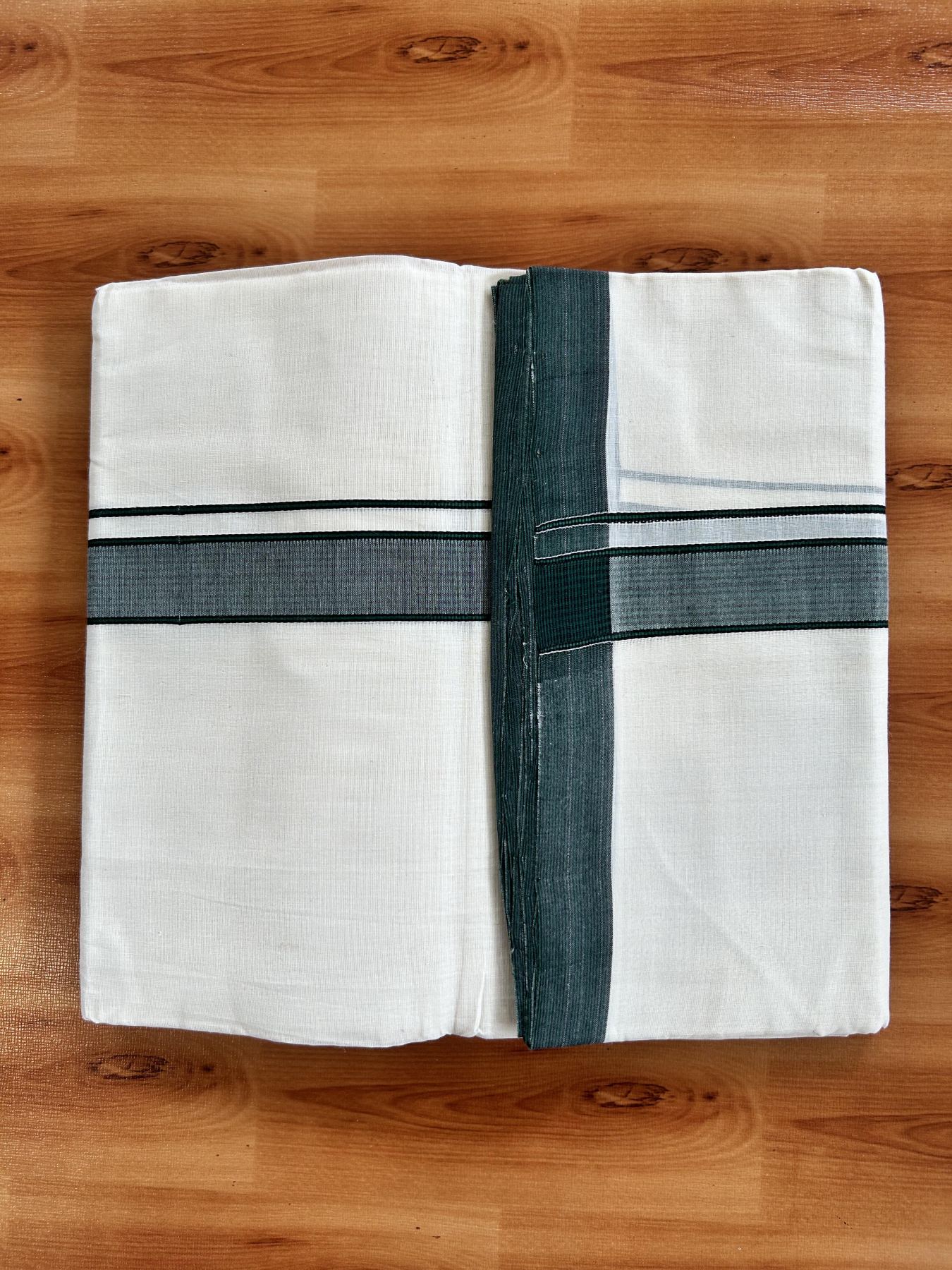 Double Off White (Unbleached) Mundu/Dhoti - 25% Discount! KaithariKada Handloom Unakkupaav - Kerala Handloom - Pure Cotton - 80x90 - 1.25 Inch Green & Black Shaded Striped Kara 4 mtr (8.5 Muzham) - 19 KK5439 YAR