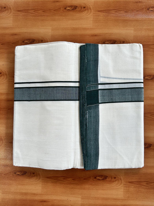 Double Off White (Unbleached) Mundu/Dhoti - 25% Discount! KaithariKada Handloom Unakkupaav - Kerala Handloom - Pure Cotton - 80x90 - 1.25 Inch Green & Black Shaded Striped Kara 4 mtr (8.5 Muzham) - 19 KK5439 YAR