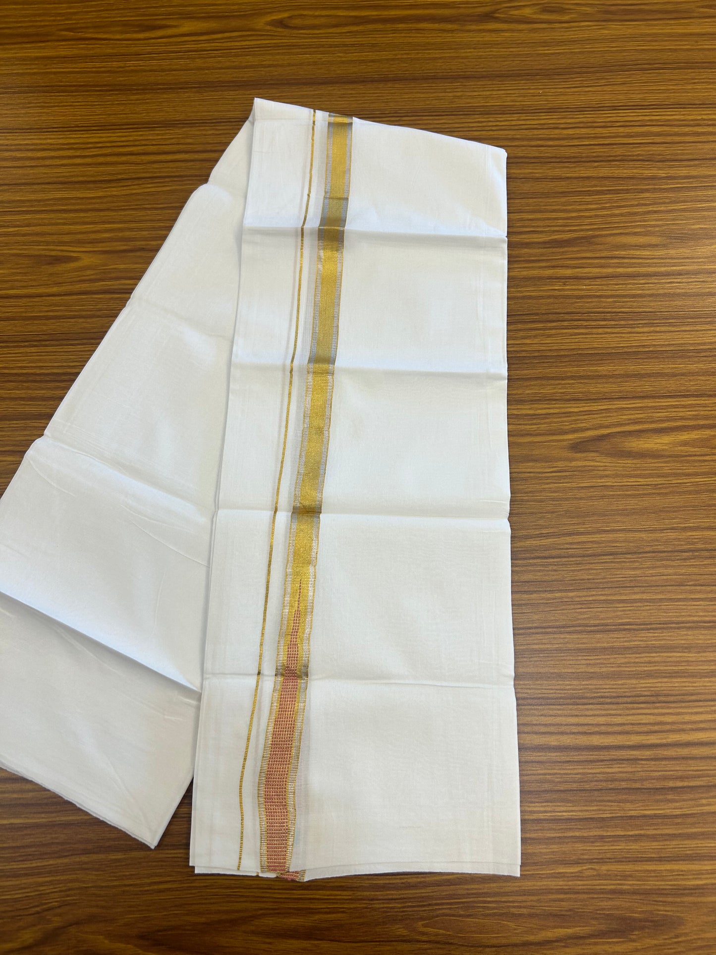 KaithariKada Balaramapuram 100% Cotton Single Pure White Mundu/Dhoti - 80x60 - 1 inch Silver Gold Kasav Pink Striped chutty kara 2 mtr (4 muzham) - 69 KK5359 THI