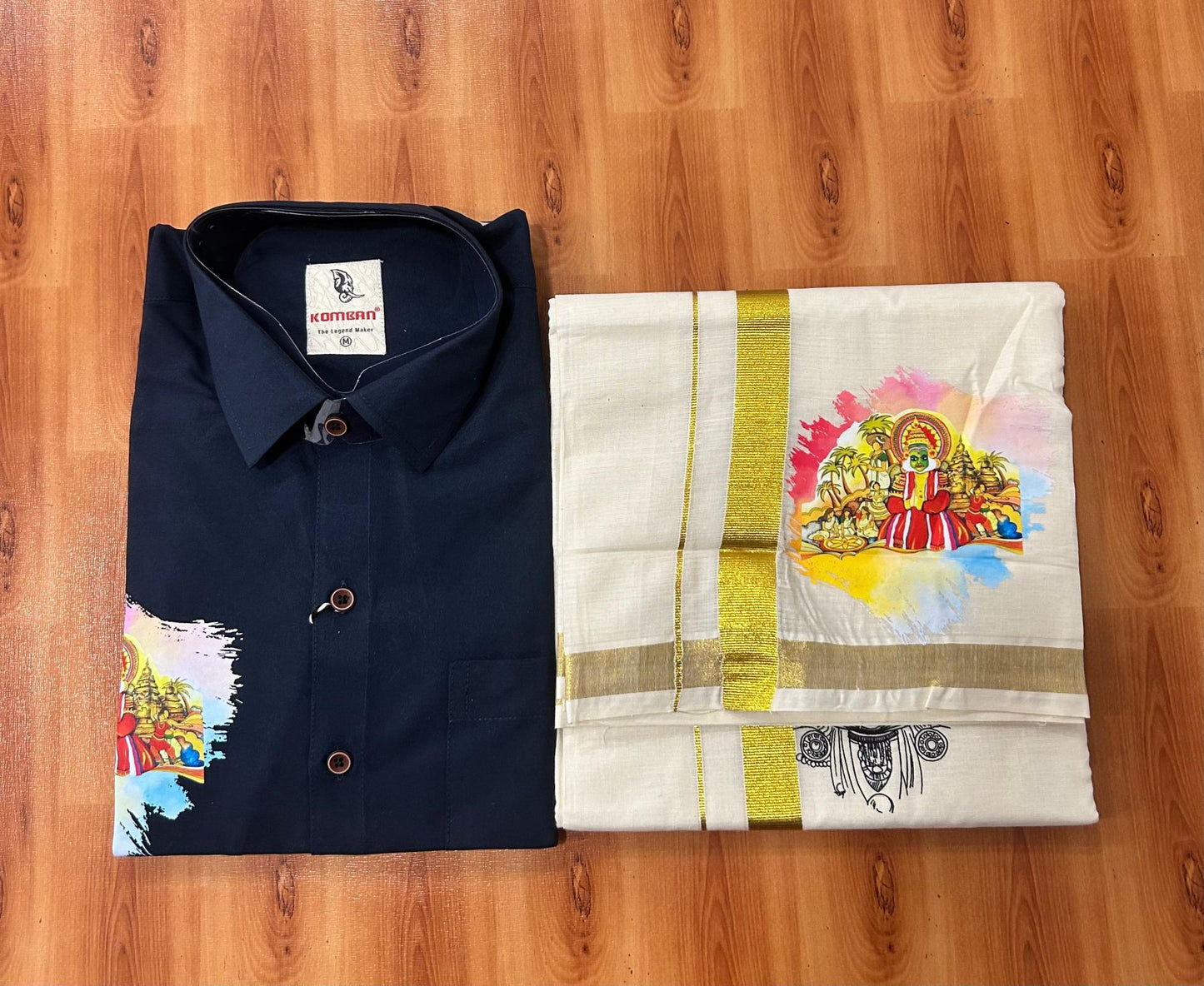 Combo Shirt Mund Mixed cotton - Full Sleeve - KaithariKada - 1 inch Gold Kasav Kara & Kathakali Printed Navy Blue Shirt - 8 KK7052 KUT