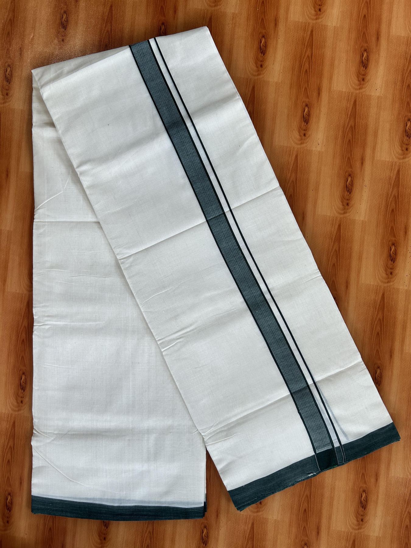 Double Off White (Unbleached) Mundu/Dhoti - 25% Discount! KaithariKada Handloom Unakkupaav - Kerala Handloom - Pure Cotton - 80x90 - 1.25 Inch Green & Black Shaded Striped Kara 4 mtr (8.5 Muzham) - 19 KK5439 YAR