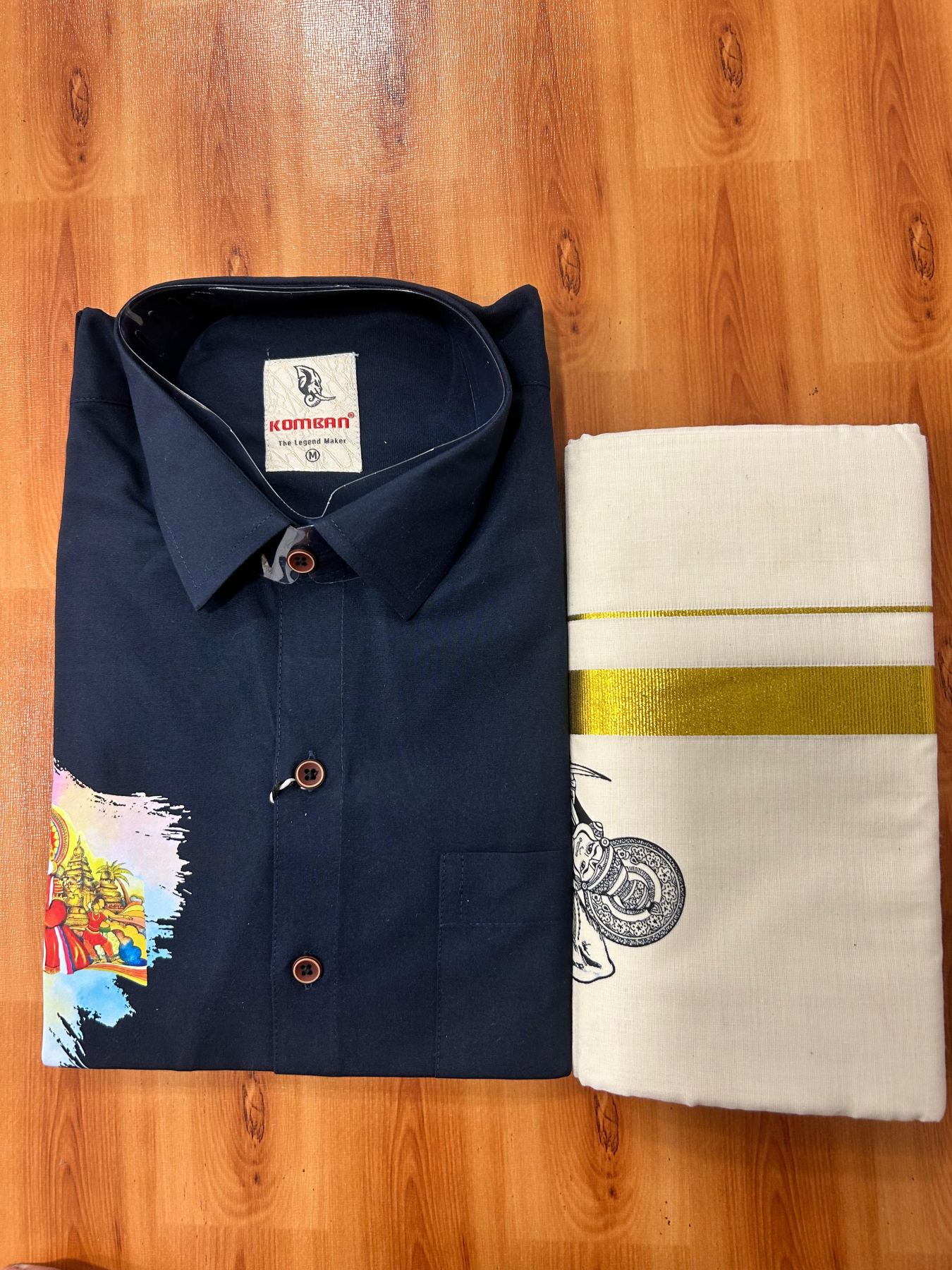 Combo Shirt Mund Mixed cotton - Full Sleeve - KaithariKada - 1 inch Gold Kasav Kara & Kathakali Printed Navy Blue Shirt - 8 KK7052 KUT