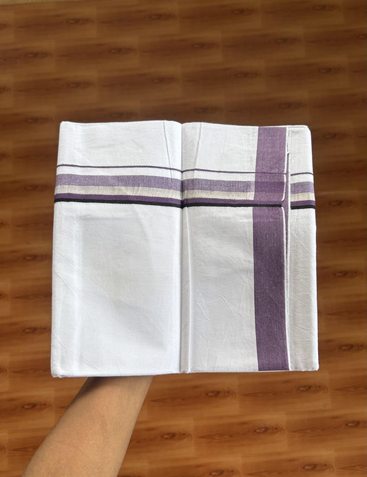 Single Mundu/Dhoti  - Pure White - 29% Discount !! KaithariKada Balaramapuram 100% Cotton - Twisted 60s Thread -1 Inch Silver Kasav & Black & Violet Shaded Kara (2 meter / 4 muzham) - 32 KK5393 GL