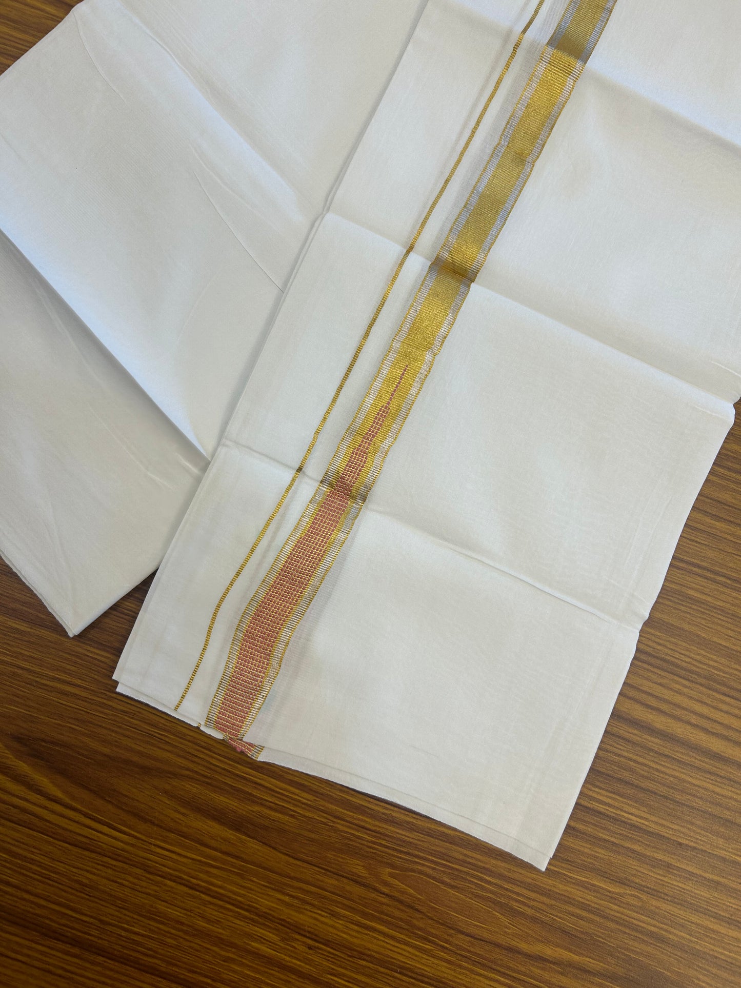 KaithariKada Balaramapuram 100% Cotton Single Pure White Mundu/Dhoti - 80x60 - 1 inch Silver Gold Kasav Pink Striped chutty kara 2 mtr (4 muzham) - 69 KK5359 THI