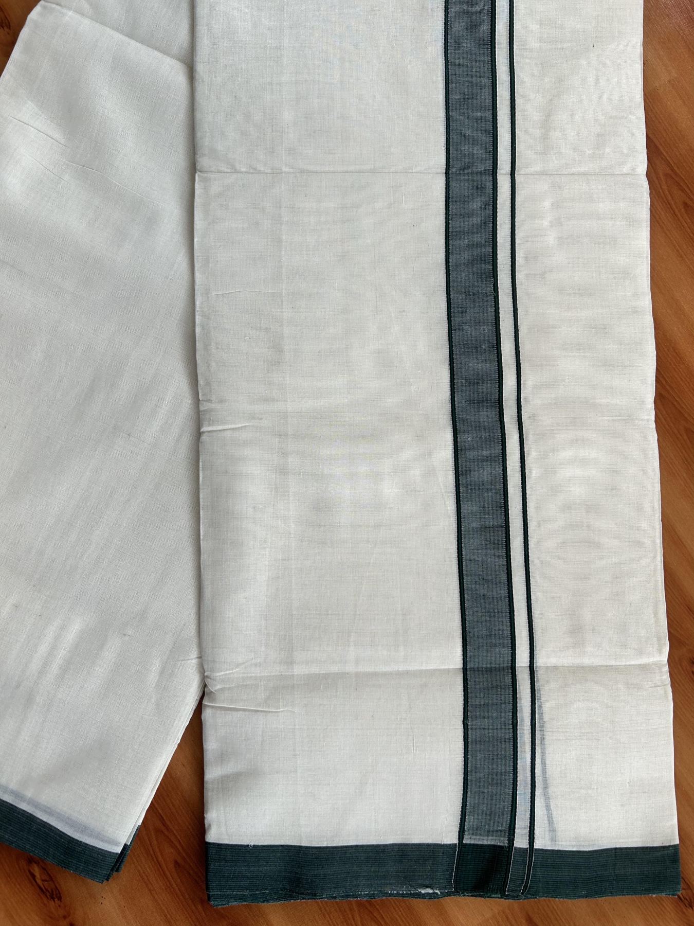 Double Off White (Unbleached) Mundu/Dhoti - 25% Discount! KaithariKada Handloom Unakkupaav - Kerala Handloom - Pure Cotton - 80x90 - 1.25 Inch Green & Black Shaded Striped Kara 4 mtr (8.5 Muzham) - 19 KK5439 YAR