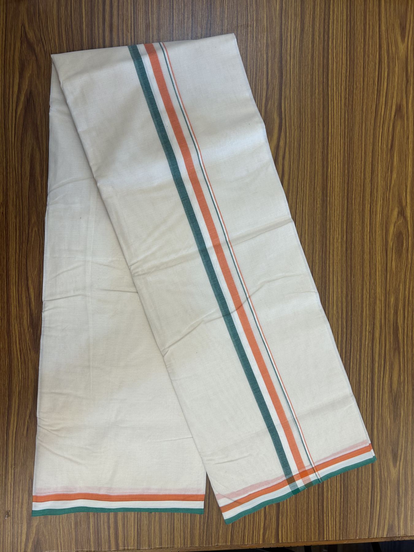 Congress Veshti - 20% Discount! KaithariKada 100% Cotton off white Double - (Unbleached) Mundu/Dhoti - 100X80 - 1.25 inch Orange White & Green Shaded Kara - 2 KK5335 ASH