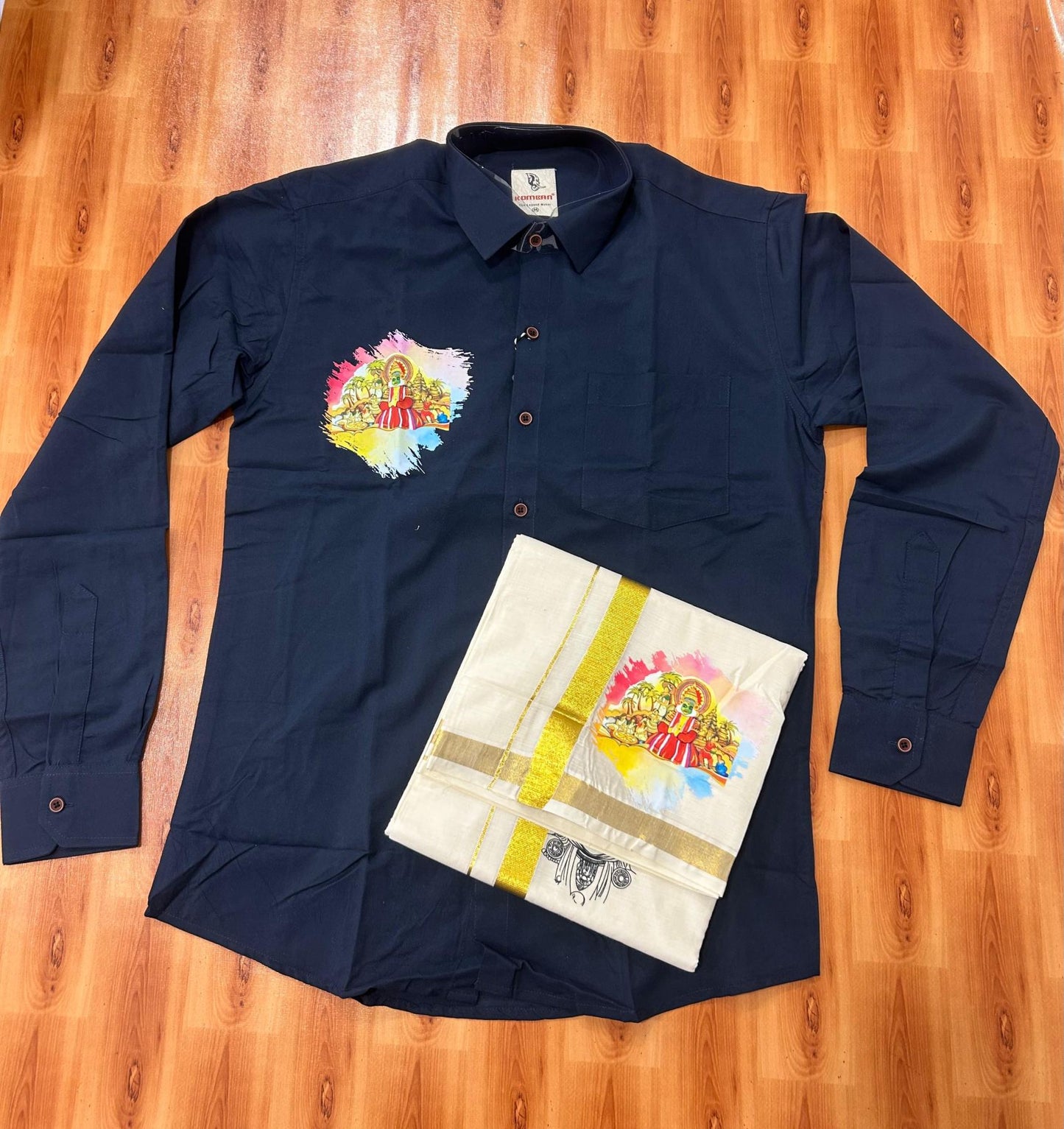 Combo Shirt Mund Mixed cotton - Full Sleeve - KaithariKada - 1 inch Gold Kasav Kara & Kathakali Printed Navy Blue Shirt - 8 KK7052 KUT