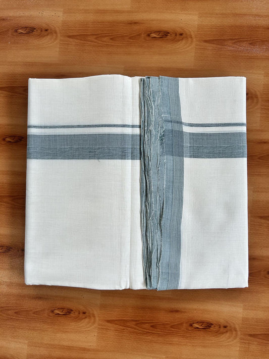 Double Off White (Unbleached) Mundu/Dhoti - 25% Discount! KaithariKada Handloom Unakkupaav - Kerala Handloom - Pure Cotton - 80x90 - 1.5 Inch Green Shaded Striped Kara 4 mtr (8.5 Muzham) - 17 KK5439 YAR