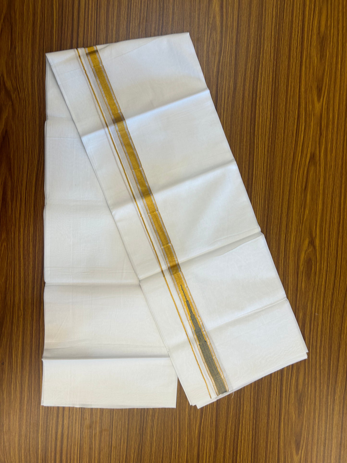 KaithariKada Balaramapuram 100% Cotton Single Pure White Mundu/Dhoti - 80x60 - 1 inch Silver Gold Kasav Greyish Green Striped chutty kara 2 mtr (4 muzham) - 68 KK5359 THI